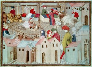 Marché de Champeaux à Paris. Marchands de bétail et de volaille, drapiers. Miniature tirée de "Le Chevalier Errant" de Thomas de Saluces (Tommaso III di Saluzzo), vers 1403-1404. Paris, B.N. - Unknown artist
