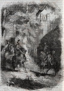 Marphise et la vieille rencontrent Pinabel - gravure de 1851 de « Roland furieux » (Orlando furioso) (16e siècle) par Ludovico Ariosto, traduit de l
