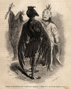 Masques et déguisements pour la danse de la médecine chez les Indiens Naya. Gravure pour illustrer une excursion parmi les tribus indiennes des bassins de la Colombie et du Haut Missouri, par G. Catlin, en 1855, publié dans « le tour du monde », sous la di