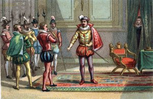Massacre de la Saint-Barthélemy, le duc de Condé et Henri de Navarre furent amenés à Charles IX, roi de France (1550-1574), qui leur offrit le choix entre la messe et la mort. Catherine de Médicis (Caterina de Medici) (1519-1589) observe la scène. Chromoli - Unknown artist