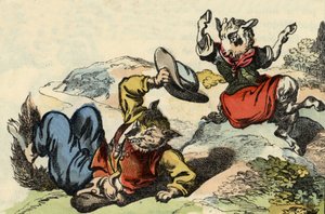 Maître renard joue avec Petite Chevrette. Illustration du conte "Bon Médor et Petite Chevrette". Dans "Contes de la maison pour les petits". Gravure anonyme du 19ème siècle