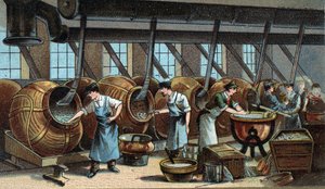 Fabrication mécanique de dragées. Chromolithographie de la fin du XIXe siècle - Unknown artist