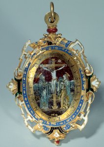 Médaillon en émail sur or rond décoré de crucifixion et fuite en Égypte. Début du XVIe siècle. Paris. Musée du Louvre