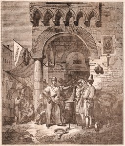 Marchand cuisinant des pâtes dans une casserole, scène italienne (gravure) - Unknown artist