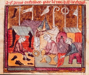 Marchands (cordonnier, orfèvre, marchand de tissus) à la foire de Lendit près de Saint Denis Miniature des Grandes Chroniques de France 1375-1379 Bibliothèque municipale, Castres - Unknown artist