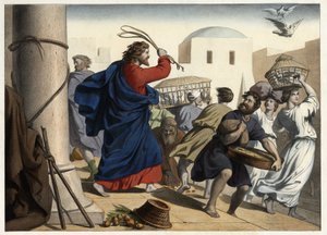 Marchands chassés du temple. Gravure anonyme du milieu du XIXe siècle.