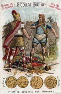 Mérovingiens : Clovis Ier abattant le soldat qui avait brisé le vase de Soissons, en 486. Dans Histoire générale des monnaies. Chromolithographie de la fin du XIXe siècle. Collection privée. - Unknown artist