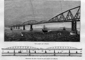 Projet de pont métallique sur la Manche : en haut, le pont une fois terminé ; en bas, les dimensions des piles et travées du pont projeté. Gravure dans « Le Journal de la jeunesse » - Unknown artist