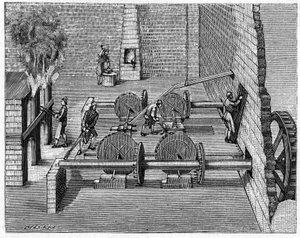 Métallurgie au 18ème siècle : un train de fonderie. Gravure dans "La Nature: revue des sciences et de leurs applications aux arts et à l