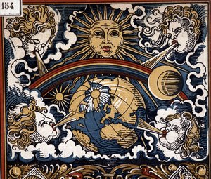 Allégorie météorologique - Allégorie météorologique (soleil avec terre, vents, arc-en-ciel) - illustration de calendrier