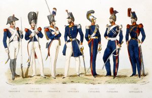 Uniforme militaire : chasseur (1815), grenadier (1815 - 1830), chasseur (1830), officier (1848), cavalier (1815 - 1830), cavalier (1848), artilleur (1848) - dans « Fastes de Gardes nationales de France » - Unknown artist