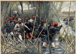 Mission Marchand (1896-1899) à Fachoda (Soudan) : le capitaine français Baratier (1864-1917) et ses troupes avançant à travers le marais vers Fachoda. (D
