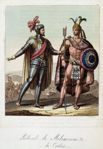 Montezuma II, roi aztèque, et Hernan (ou Hernando) Cortes ou Fernand Cortez (1485-1547), conquistador espagnol - dans « Le Costume ancien et moderne » par Ferrario, éd. Milan - Unknown artist