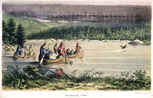 Lac des Moustiques au Canada : Indiens traversant le lac en canoë avec des moustiquaires sur la tête - dans « Exploration of the Labrador Peninsula » par Hind, Londres - Unknown artist