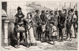 Émue par ce triste spectacle, Théodechilde ou Thichilde (fille de Thierry I) (morte en 534) demande la vie et la liberté du captif - gravure dans « Les Femmes Illustres De La France » par Oscar Havard - 1886