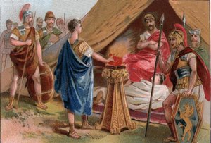 Mucius Scaevola devant Porsenna. Caius Mucius Scaevola, jeune patricien romain capturé par la garde royale de Porsenna - Unknown artist