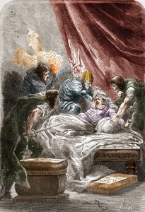 Meurtre de Galswinthe (Galsuinde) (ca. 545 - 567), reine des Francs en Neustrie, épouse de Chilpéric Ier (roi des Francs). Gravure dans « Histoire De France En Cent Tableaux » par Paul Lehugeur, 1891 - Unknown artist