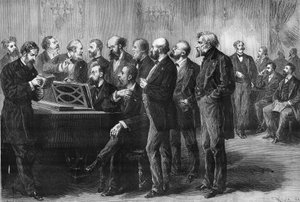 Concours musical de la ville de Paris en 1878. Le jury au Palais du Luxembourg examinant les partitions de « Paradis perdu » et « Mug ». De gauche à droite : Colonne, Perrin, Cherouvrier, Gounod, Boulanger, Camille Saint-Saëns, Lenepveu, Vaucorbe - Unknown artist