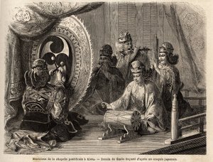 Musiciens de la chapelle pontificale à Kyoto (ou Kioto), jouant cinq instruments sacrés, flûte traversière et flûte de pan, conque marine, timbales et kakdaiko, le gong original. Gravure pour illustrer le voyage au Japon en 1863-1864, par Aimé Humbert, m - Unknown artist