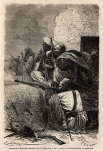 Montagnards musulmans réinstallés dans les montagnes de Svat, combattant une expédition anglaise en 1863 pour arrêter le pillage des villages de la région. Gravure pour illustrer l