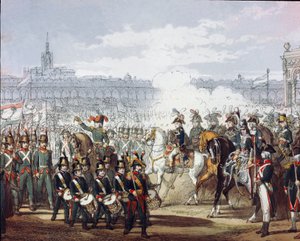 Napoléon Bonaparte (1769-1821) passe en revue la légion lombarde et cisalpine de la milice le 09/07/1797 Gravure à l