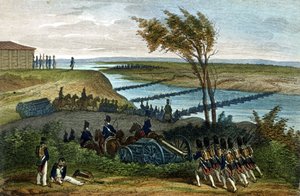 Guerre napoléonienne : Campagne de Russie. Passage de la rivière Niemen (Dnjemen) le 24/06/1812, qui sépare les deux empires. Gravure du XIXe siècle - Unknown artist