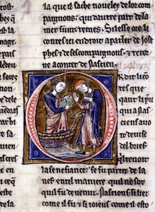 Nascion reçoit le livre (?). Manuscrit : Conquête du Saint Graal, écrit 717 ans après la passion de notre seigneur. Bibliothèque municipale de Rennes, ms. 255 (Collection de romans de la Table Ronde) ; Paris - Unknown artist