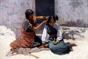 Mère amérindienne de la tribu Hopi, toilettant les cheveux de sa fille en vue du mariage. - Unknown artist