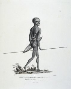Autochtone North-Gal-Derri de Nouvelle-Galles du Sud de la Nouvelle-Hollande avançant pour combattre - dans "Voyage de découvertes aux terres australes" par Messieurs Lesueur et Peer - Unknown artist