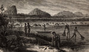 Près des cataractes du Rovuma (Mozambique), les activités de pêche. Gravure pour illustrer les premiers voyages du Dr Livingstone en Afrique australe de 1840 à 1856, dans « Le tour du monde, nouveau journal des voyages » publié sous la direction d