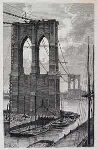 New York : piles du pont de Brooklyn en construction