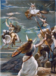 Mythologie nordique : Les Walkyries (vierges guerrières) à Valholl (ou Walhalla, Valhalla, Valhalle : lieu où sont amenés les guerriers courageux) et la chute des guerriers au combat. Chromolithographie du 19ème siècle