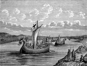 Navires normands sur une rivière (gravure) - Unknown artist