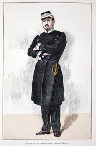 Officier de paix, petite tenue du Second Empire (1852-1870). Eau-forte en couleurs, pour illustration Histoire du corps des gardiens de la paix, livre publié sous les auspices de Louis Lépine (1846-1933) préfet de police de la Seine, par Alfred Rey (1864-? - Unknown artist