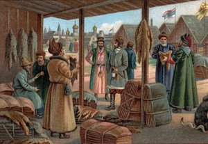 Anciens centres commerciaux : Foire aux fourrures à Novgorod (Veliky Novgorod), Russie au XIXe siècle. Chromolithographie de la fin du XIXe siècle. - Unknown artist