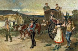 Ancienne coutume célébrée dans la région de Bourgogne : Fête des vendanges. La dernière vendange. Chromolithographie de la fin du 19ème siècle. - Unknown artist