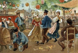Ancienne coutume célébrée dans la région des Flandres : Foire flamande. Chromolithographie de la fin du 19ème siècle