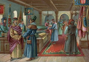 Anciens centres commerciaux : halles aux draps à Bruges, Belgique au XVe siècle. Chromolithographie de la fin du XIXe siècle - Unknown artist