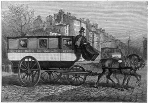 Omnibus à trois roues ou tricycle dans les rues de Paris. Gravure dans "La Nature. Revue des sciences et de ses applications aux arts et à l