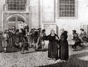 Le 31/10/1517, Luther affiche sur les portes du château de Wittenberg ses 95 thèses dénonçant la vente des indulgences et marquant le début de la Réforme - grav. - Unknown artist