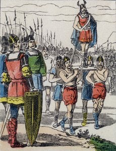 À la mort de Childéric Ier, son fils Clovis fut élu roi par les Francs Saliens qui le portèrent sur le bouclier en faisant le tour du camp (gravure) - Unknown artist