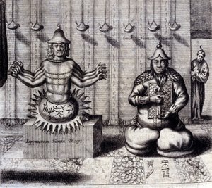 À gauche, divinité hindoue à huit bras, à droite Amida, Bouddha japonais. "De China Monumenta" par Athanasius Kircher, Amsterdam 1667.