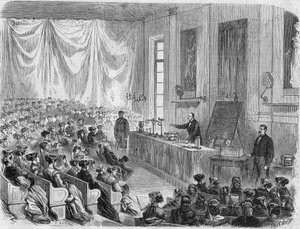 Ouverture des cours pour jeunes filles à la Sorbonne en 1867. Gravure d