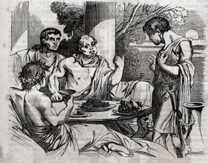 Scène de banquet en plein air - Vitellius (Aulus Vitellius Germanicus Imperator Augustus) empereur romain (15-69) donnant un festin - gravure dans « La Santé Universelle - Guide Médical pour les Familles » 1852. - Unknown artist