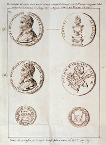 Page avec portraits de Il melone, discorso armonico (manuscrit) - Unknown artist
