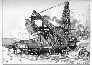Travaux du canal de Panama. Principales machines : excavatrice Osgood. Gravure dans "Le Monde Illustré" - Unknown artist