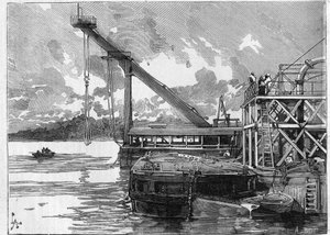 Travaux du canal de Panama. Principales machines : le ponton Bigue. Gravure dans "Le Monde Illustré"