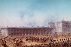 Parade avec Alexandre II devant le palais Anitchkov à Saint-Pétersbourg en 1856. Illustration de Charlemagne (19ème siècle)