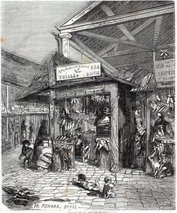 Paris 3ème arrondissement - Carré de la Forêt-Noire : vente de cuir et de chaussures au Carreau du Temple au 19ème siècle - Gravure dans « Tableau-de-Paris » par Edmond Texier