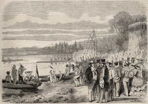 Canoéistes parisiens. Régates de Saint-Cloud en 1857. Gravure dans "Le Monde Illustré" de 1857. Collection privée.